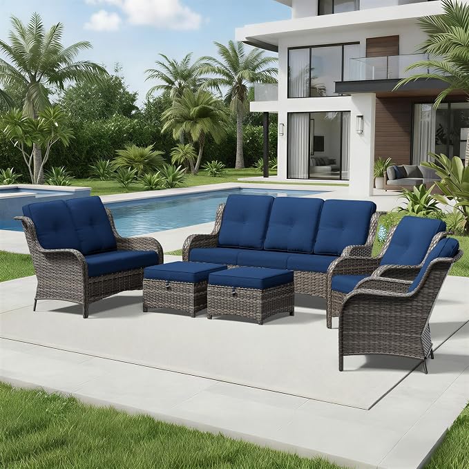 Joyside 6 Piece Wicker Patio Furniture Set, Rattan Patio Chairs with High Back, Deep Seating, Wide Armrest, Thickened Cushions, Outdoor Furniture for Deck, Porch Use