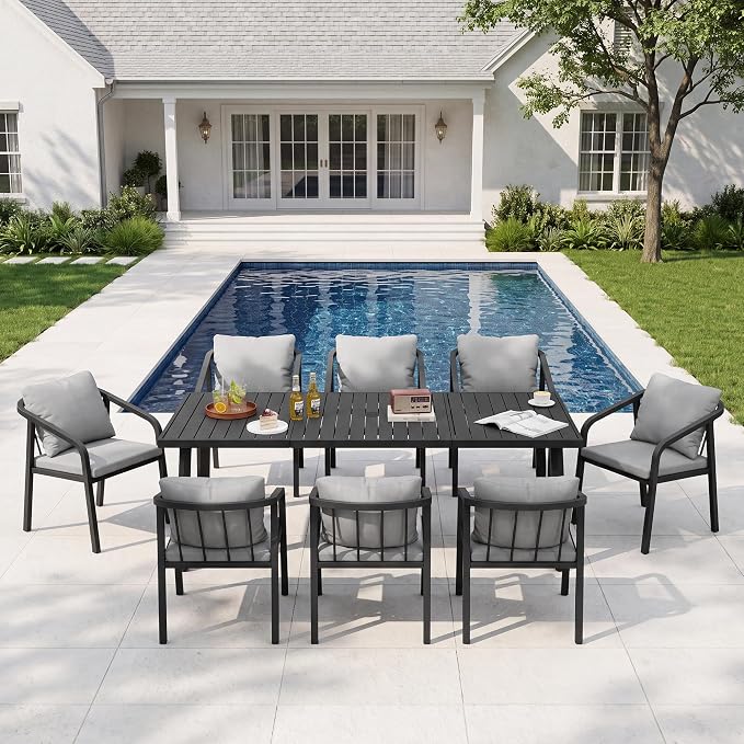 Outdoor Dining Set,9-Piece Patio Dining Table Set for 8 with Rectangular Table & 8Thick Cushion Sofa Chair, Aluminum All-Weather Patio Furniture Set for Backyard, Garden and Poolside (Black)