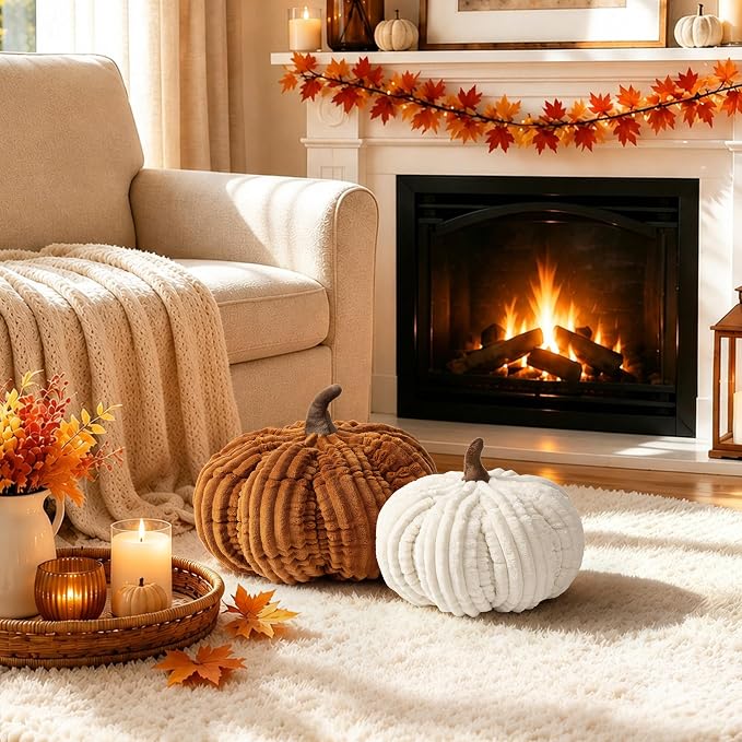 AELS Pumpkin Throw Pillows Set of 2, 14" Cinnamon & Cream Fall Pillows | for Couch Sofa Bed Living Room Home Decor, Farmhouse 3D Fall Halloween Thanksgiving Decorative Accent Pillows