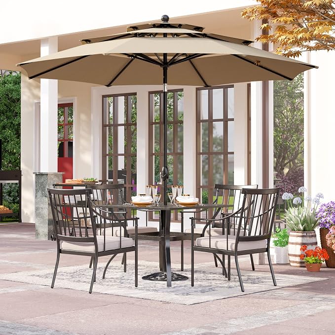 PHI VILLA 5-Piece Patio Dining Set, 37" Square Metal Table, Fixed Chairs | Cushions Chairs, 10ft Umbrella Included, Beige, All-Weather Use