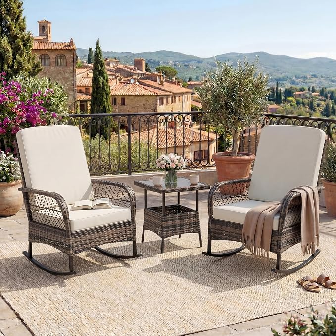 GarveeHome 3-Piece Outdoor Rocking Chair Set, Wicker Rattan Patio Furniture with Glass-Top Coffee Table, Modern Conversation Seating with Cushions for Porch, Backyard (Brown Rattan & Beige Cushion)