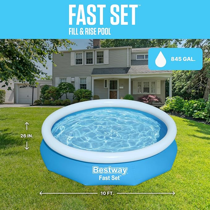 Bestway Fast Set 10' x 26" Above Ground Pool, Round Inflatable Ring Top Outdoor Swimming Pool