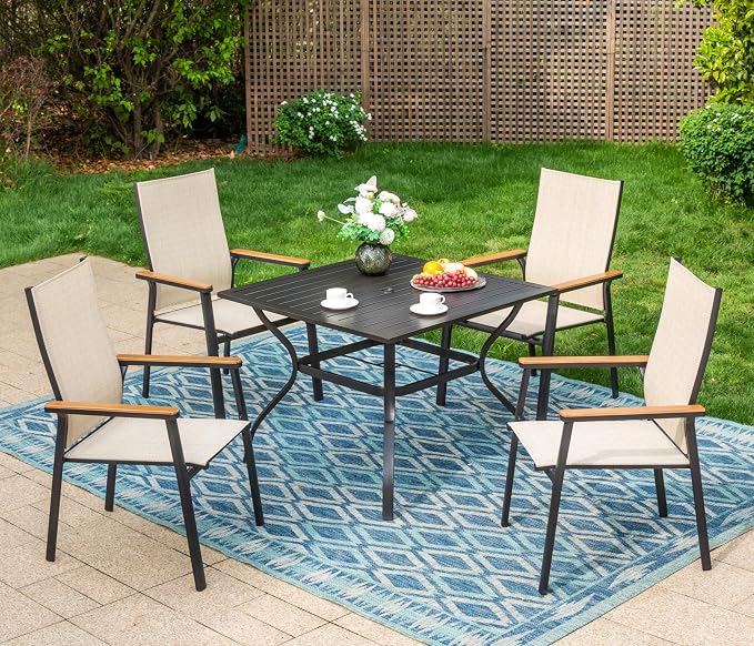 Sophia & William Patio Dining Set 5 Pieces, 4 Stackable Aluminum Textilene Dining Chairs with 37"x 37" Square Metal Table, Patio Table Chair Set for Outdoor Garden Lawn (Beige)
