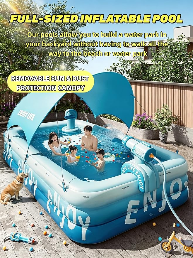 Inflatable Swimming Pool with Canopy & Air Pump & Inflatable Water Spray Gun, 118" Swimming Pool for Adults, Large Blow Up Pool Ideal for Family Backyard Garden Party, Outdoor Summer Fun