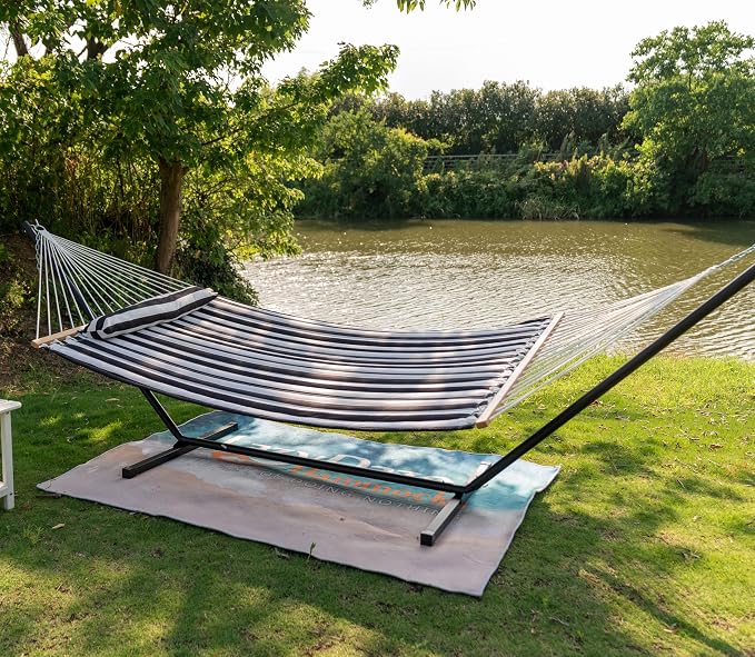 Lazy Daze Hammocks 2 Person Portable Hammock with 12FT Stand for Outside, 10.5FT Quilted Double Hammock with Spreader Bar and Detachable Pillow, 450lbs Capacity for Outdoor Patio, Black White Stripes