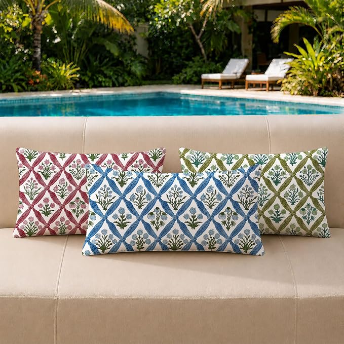 Allorry Floral Outdoor Pillow Covers 12x20 Green Outdoor Waterproof Decor | Set of 2 Vintage Floral Block Print Pillow Cover,Farmhouse Boho Decorative for Spring Summer Outdoor Sofa Bedroom Decor