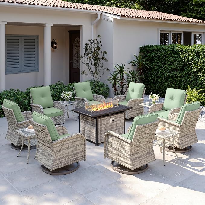 13Pcs Patio Rocking Swivel Chair with 55,000 BTU Fire Pit Table Outdoor Wicker Rattan Bistro Set with Tempered Glass Side Table, Patio Furniture Set for Garden and Balcony, Light Green