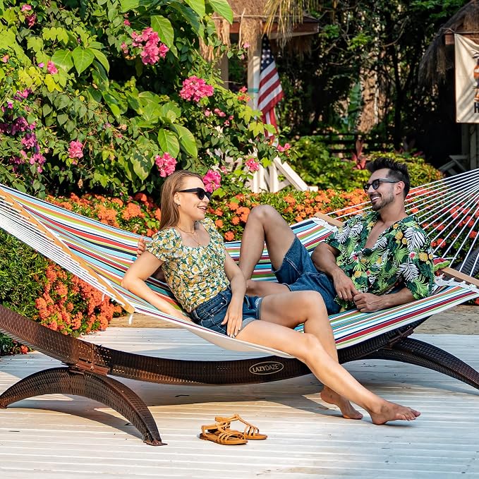 Lazy Daze Hammocks 12 FT Sunbrella Fabric Quilted Hammock Double Sunbrella Quilted Hammock with Spreader Bars & Pillow, All Weather and Fade Resistant for Outdoor, 450 lbs Capacity, Carousel Confetti