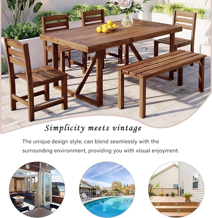 RUNNA Acacia Wood 6-Piece Outdoor Dining Set, Minimalist Patio Furniture with Dining Table,Bench and 4 Chairs for Garden, Balcony, Poolside (Brown-A1)