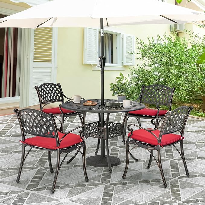 NUU GARDEN 5 Piece Outdoor Patio Dining Set, Cast Aluminum Round Dining Table with Red Cushions, Umbrella Hole and Patio Dining Chairs for Garden, Backyard, Balcony, Black with Bronze Edge