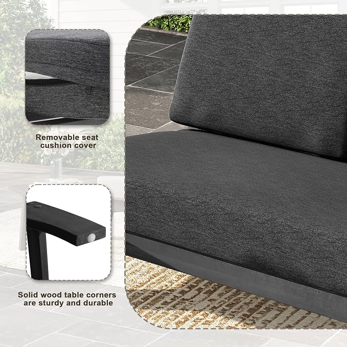 Black Wood Patio Furniture Sets, 3 Pieces All Weather Patio Loveseat Sofa Outdoor Sectional Futniture Backyard Conversation Set with Solid Wooden Coffee Table - Dark Gray
