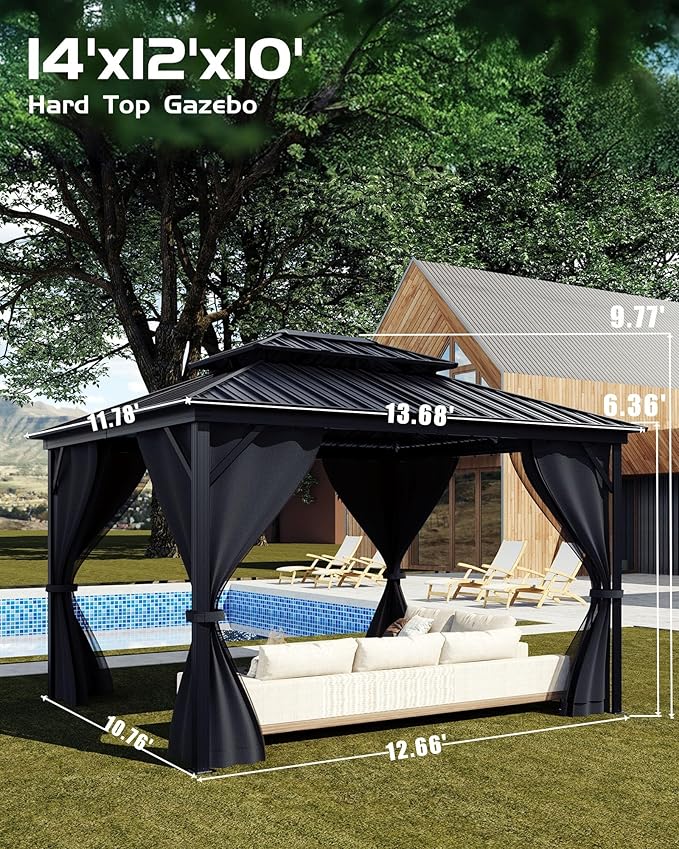 GarveeLife Hardtop Gazebo 12 ft x14 ft for All Weather, with Double Metal Roof, Net, and Curtain, Permanent Building for Patio, Deck, Backyard, Lawn, and Garden