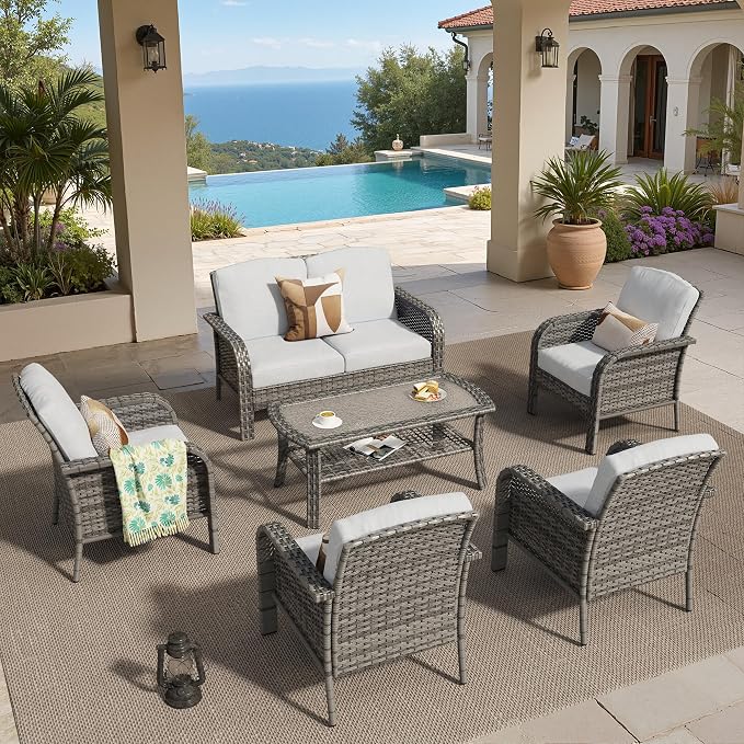 6 PCS Outdoor Patio Furniture Set with Glass Table, All-Weather Rattan Wicker Outdoor Conversation Set with Thickened Cushions for Balcony Backyard Garden Lawn,Grey