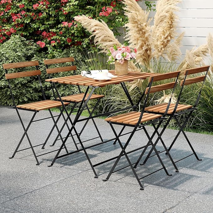 Giantex 5-Piece Outdoor Dining Table Set for 4, Acacia Wood Bistro Table with 4 Folding Patio Chairs, Slatted Seat & Tabletop, Metal Frame, for Yard Porch Garden Poolside (Black + Brown)