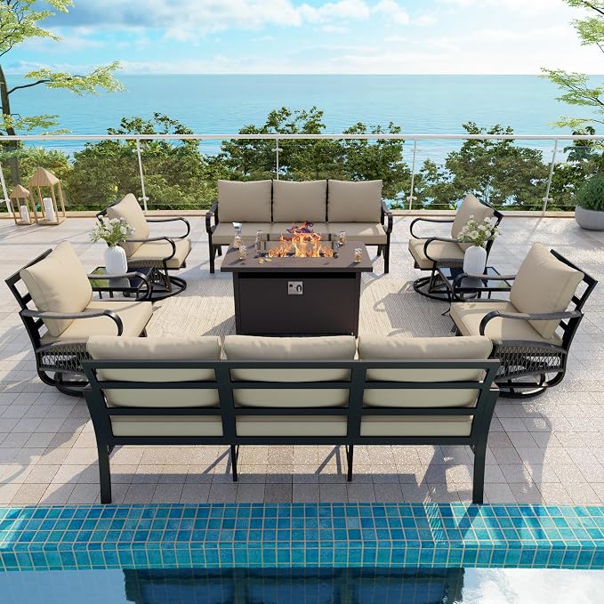 9-Piece Outdoor Furniture Set, Metal Swivel Rocking Chairs with All-Weather Cushions, Patio Conversation Set with Fire Pit Table for Deck, Porch, Garden, Backyard, Poolside (Beige Cushions)