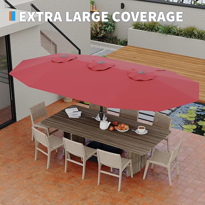 Double-Side Rectangular Pool Umbrella, 15ft Large Patio Umbrella with Base Included, Outdoor Market Umbrellas for Poolside Lawn Backyard