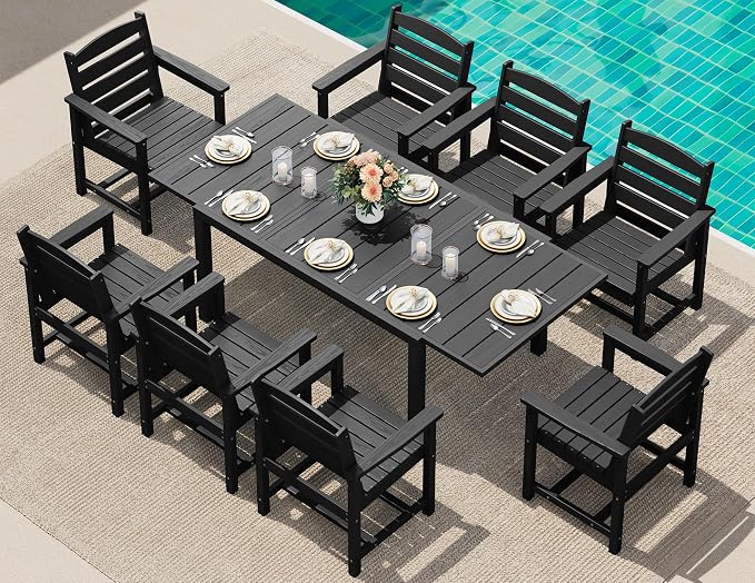 SERWALL HDPE and Aluminum Outdoor Dining Set for 8, Black | 60" - 83" Expandable Outdoor Dining Table and 8 HDPE Chairs, All Weather Outdoor Furniture Set