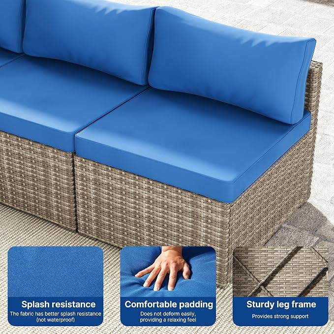 Tradare 7 Piece Patio Furniture Set, Outdoor Wicker Patio Sofa Set, PE Rattan Sectional Couch with Glass Table and Blue Cushions, All-Weather 7 Piece Outdoor Patio Furniture Sets, Grey