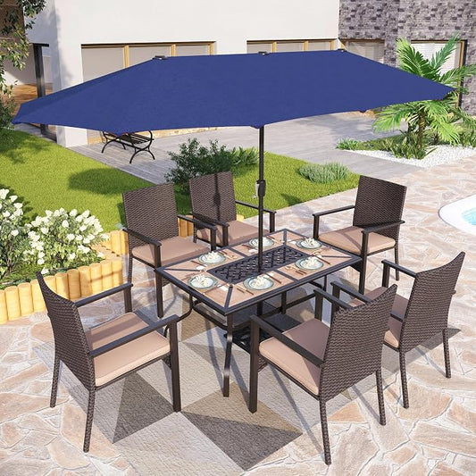 PHI VILLA 7pc Patio Dining Set with Umbrella, Wood-top Table, Rattan Chairs | 61" Wood-top dining table, 6 cushioned rattan wicker chairs, 13ft blue umbrella. Perfect for patio, deck, yard, or porch.