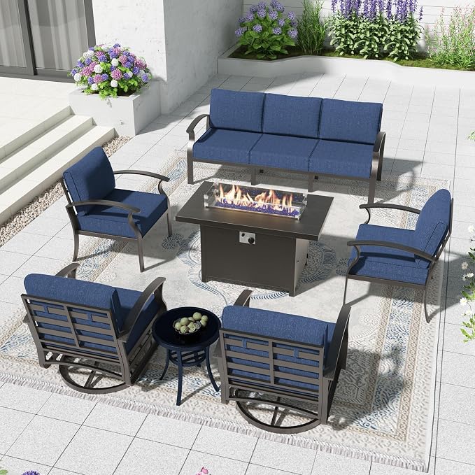 Aluminum Patio Furniture Set with Propane Fire Pit Table,7 Seats Metal Modern Outdoor Furniture w/5.1" Cushions,Patio Sectional w/Swivel Chairs for Patio,Backyard,NavyBlue