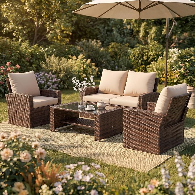 UDPATIO Patio Furniture Set, Outdoor Furniture Sets with Loveseats Sofa, Wicker Rattan Outdoor Conversation Set with Storage CoffeeTable for Backyard, Deck, Porch,Brown/Grey