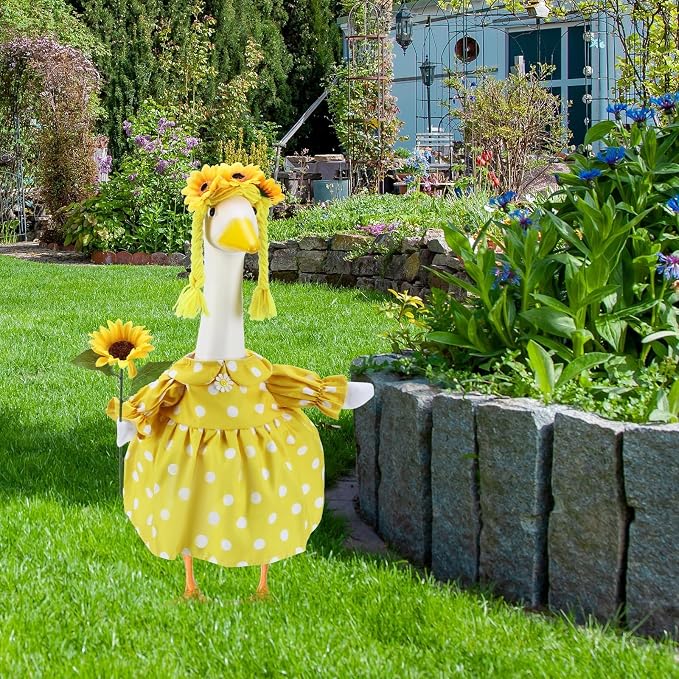 Summer Porch Goose Outfits for 23 Inch Lawn Statue | Polka Dots Sunflowers Costume for Plastic/Cement Statue, Spring Duck Sculpture Clothes for Yard Patio Party Decoration