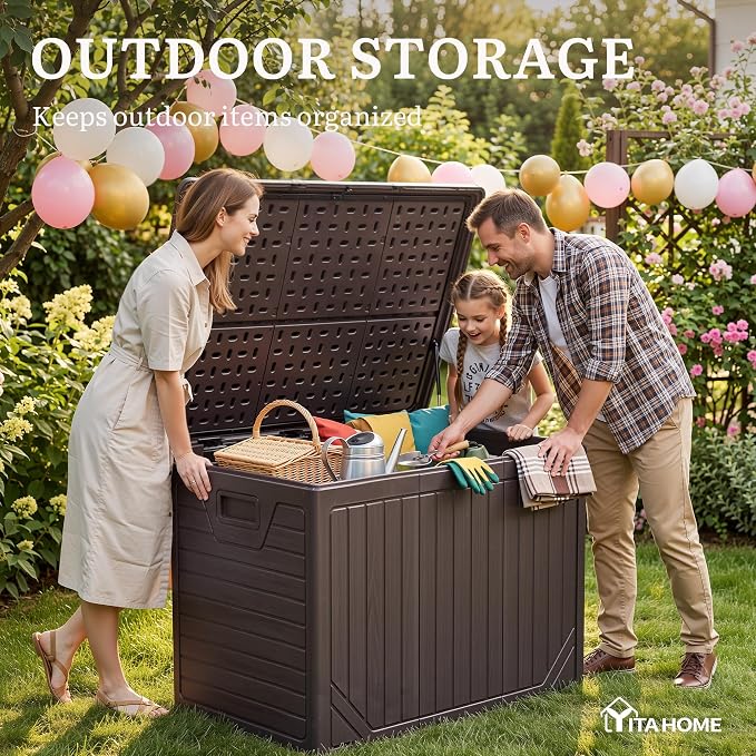 YITAHOME XXL 230 Gallon Extra Large Outdoor Deck Box, Lockable Resin Double-Wall Storage Box and Waterproof Patio Furniture Bin for Garden Tools & Pool Accessories, Brown