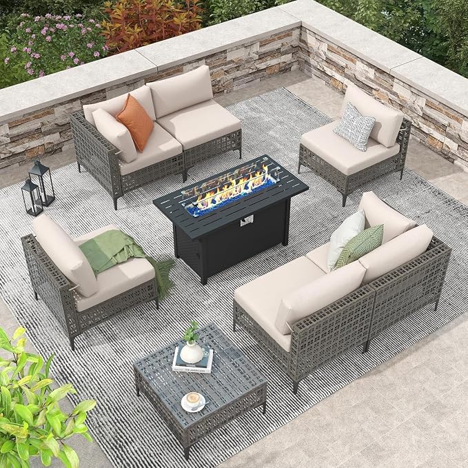 8-Piece Wicker Patio Furniture Set with Propane Fire Pit Table, Natural PE Rattan Outdoor Sectional Sofa with Water-Resistant Cushions, Wind Guard and Cover for Backyard Lounge Area(White2)