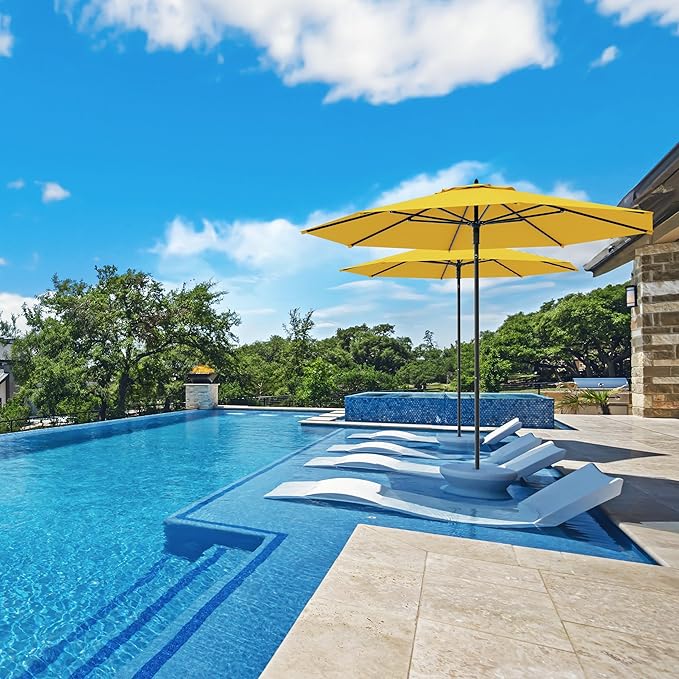 Midtown Umbrellas The Wooden 8 Feet Patio Umbrella With Sunbrella Yellow Acrylic Fabric - Aluminum Frame Market Umbrella For Backyard, Deck, Garden, Pool - Wooden Pole