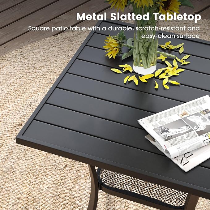 DIFY 3 Piece Outdoor Dining Set for 2, Patio Furniture Set with 27.6" Black Small Square Metal Dining Table & 2 Dark Grey Textilene Swivel Patio Chairs, for Garden Porch Deck