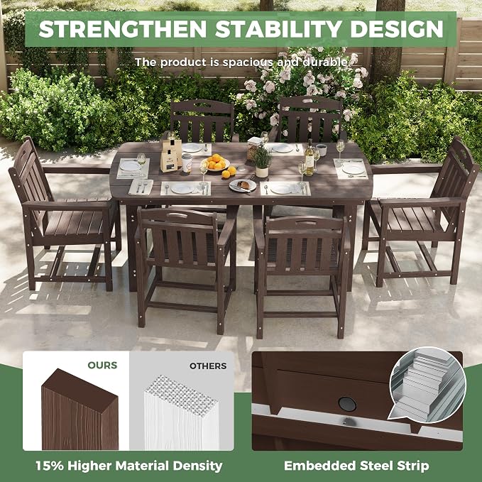 Outdoor Rectangle Dining Table, Heavy-Duty HDPE Table for 6, Weatherproof Patio Table with Umbrella Hole, Rounded Corners for Safety, Brown