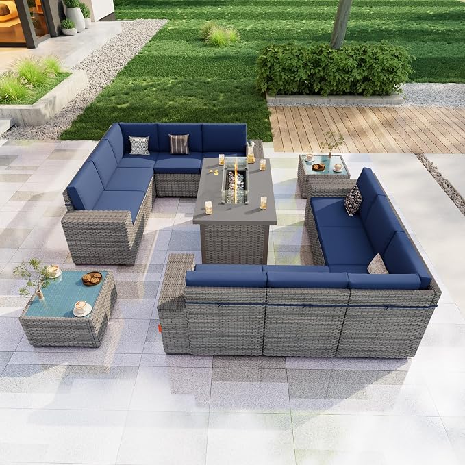 13 Pieces Patio Conversation Set, Rattan Furniture Set with Wide Armrests and Coffee Table, Outdoor Modular Sectional Couch Wicker Sofa with Fire Pit for Garden Backyard Porch Deck (Blue Cushions)