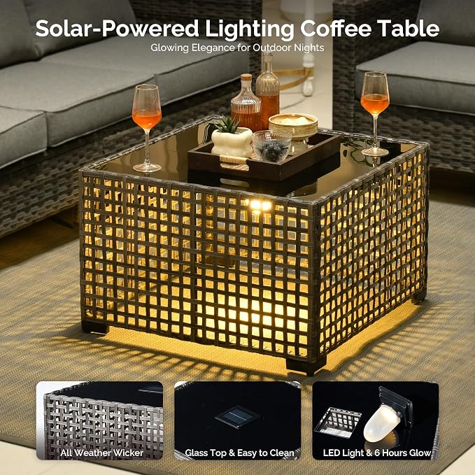 4 Piece Wicker Patio Furniture Set with Solar Table, Dark Gray | Outdoor Deep Seating Sofa Chair, Solar Lights Table, All Weather Rattan, Modern Conversation Set, Porch Deck Backyard