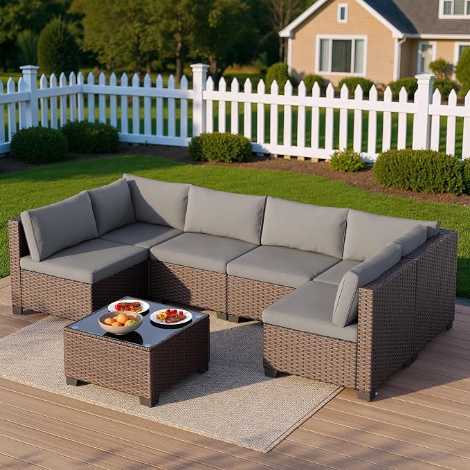 Qsun 7 Pieces Outdoor Patio Furniture Set, PE Rattan Outdoor Wicker Sectional Furniture Sofa Set, with Cushions and Glass Coffee Table, for Balcony, Porch, Garden, Grey