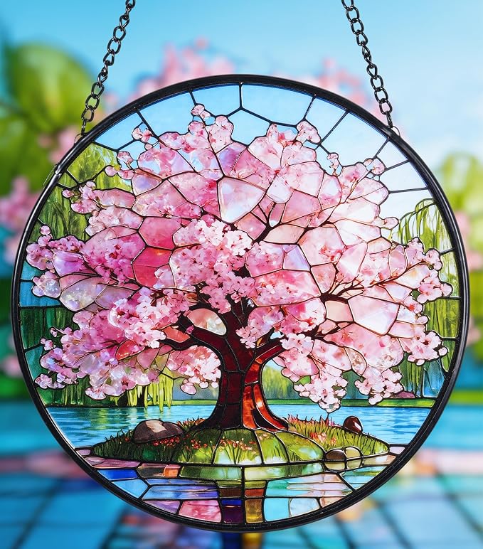 Stained Glass Window Hanging, Pink Cherry Blossom Tree Suncatcher 7.8 in Sun Catcher Boho Wall Art Decor with Chain Diamond Glass Panel Hangings Scenery Sun Catchers Decor for Lover Couple Mom