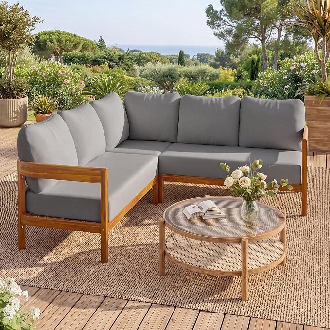 Outdoor Patio Conversation Furniture Set, Acacia Solid Wood Patio Furniture Set with 6 Soft Seat Cushions and Backpack, L-Shaped Outdoor Corner Sofa with Arc Frame for Backyard, Garden (Gray/16)