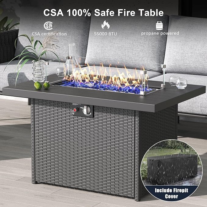 LayinSun 5 Piece Outdoor Furniture Set with Fire Pit Table, Modern Rope Woven Patio Conversation Sofa Set with Olefin Braid and Deep Seating