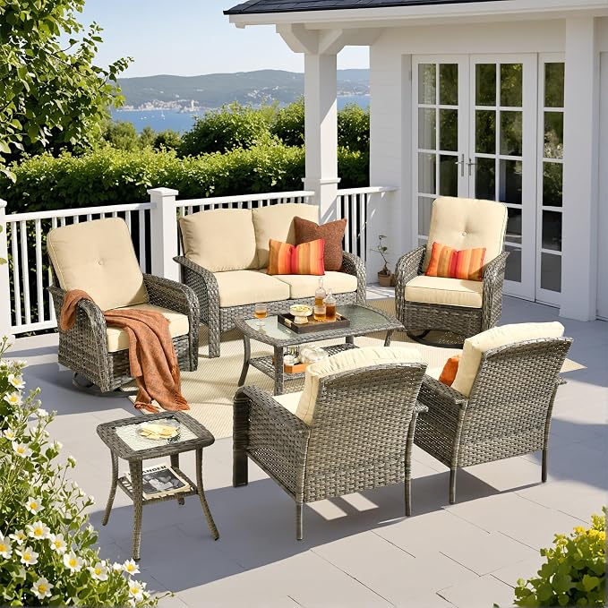 7 Piece Wicker Patio Furniture Set with Swivel Chairs,Beige | High Back Swivel Rocker Chairs, Outdoor Loveseat Sofa, Coffee Table, Rattan Conversation Set, Porch Deck Backyard Poolside