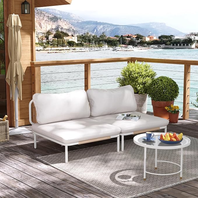 Patio Furniture Set, Outdoor Patio Furniture Oversized Metal Single Sofa, 2-seat Conversation Set with Cushion for Indoor and Outdoor, White Frame and Beige Mat, （2 Seats 2 Armrests）