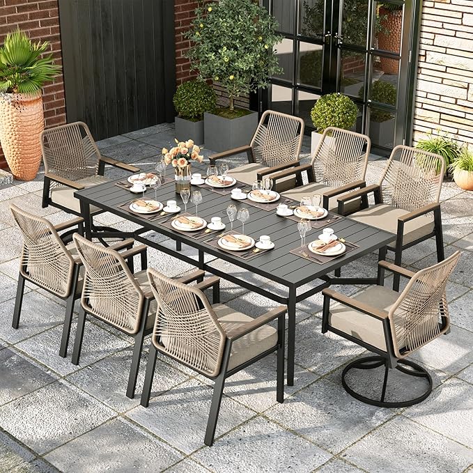 MIXPATIO 9 Pieces Outdoor Patio Dining Set, Wicker Patio Table and Chairs Set of 8, 6 Swivel and 2 Fixed Chairs with 3.2" Cushion and 83"x40" Rectangular Table for Yard, Porch, Beige