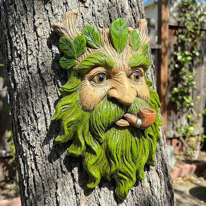 9.9" Whimsical Tree Face Sculpture, Garden Peeker Statue, Outdoor Trunk Tree Huggers Art, Landscape Accent Ornament, Hanging Fairy Elve Figurine for Yard Art, Trees Decor Wall Mounted Statues