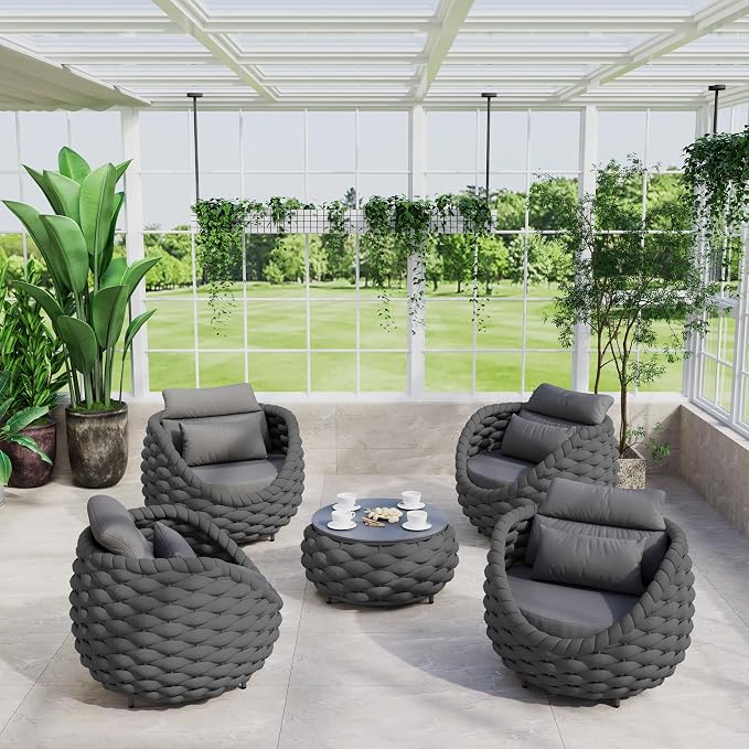 Front Porch Furniture 5 Piece Set: Aluminum Woven Rope Patio Conversation Sofa Set - Assembled Accent Chair Cushioned - Outdoor Armchair Couch Set for 400 lbs Deck Backyard Poolside Garden Hotel