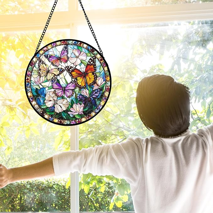 DASTOLL Stained Glass Window Hanging, Colorful Butterfly Suncatcher for Doors Home Sun Catchers Decoration and Christmas, Mother's Day Birthday Gifts for Women, Men, and Mom 6.3 in