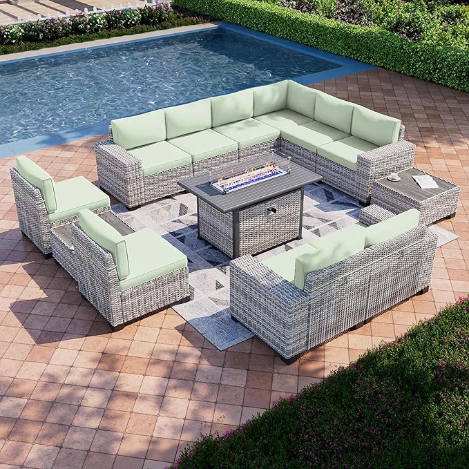 13-Piece Outdoor Patio Furniture Set with 55,000 BTU Fire Pit Table, PE Wicker Rattan Sectional Sofa Patio Conversation Set with Coffee Table, Light Green