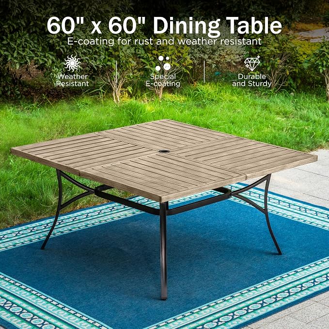 PHI VILLA 9 Pieces Outdoor Dining Set for 8, 60" Square Metal Steel Table with Wood-Like Tabletop & Swivel Wrought Iron Chairs with Cushions, Large Outside Furniture Set for Patio, Deck, Yard, Porch