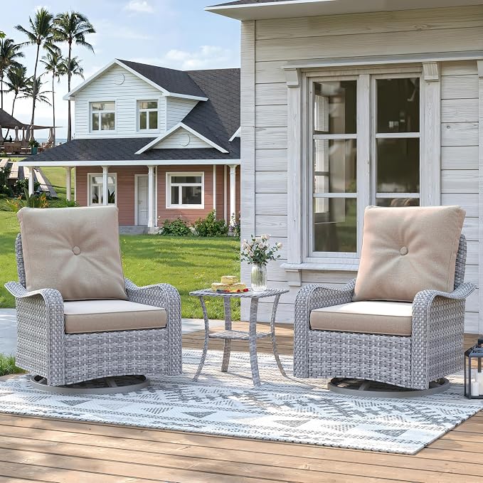 2-Seat Modern Patio Furniture Set with Swivel Rocking Chairs, Thick 4″ Cushions, Dual-Strand Wicker Rattan, Rust-Resistant Steel Frame – Outdoor Conversation & Modular Sectional,Beige
