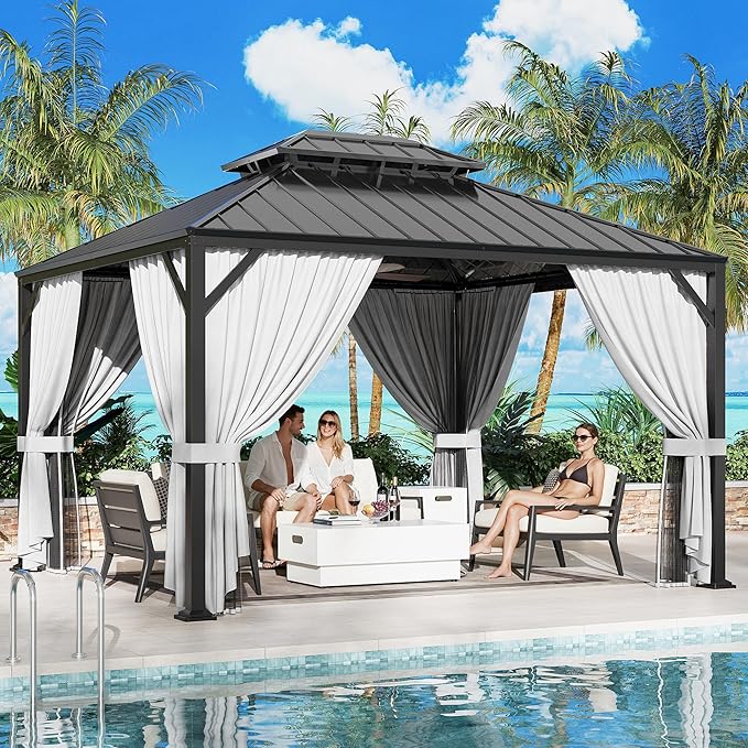 IRONCK 10'x12' Outdoor Hardtop Gazebo, Aluminum Patio Gazebo with Galvanized Steel Double Roof, Patio Pergola with Net and Curtain, Backyard Canopy for Garden, Deck, Black Gray