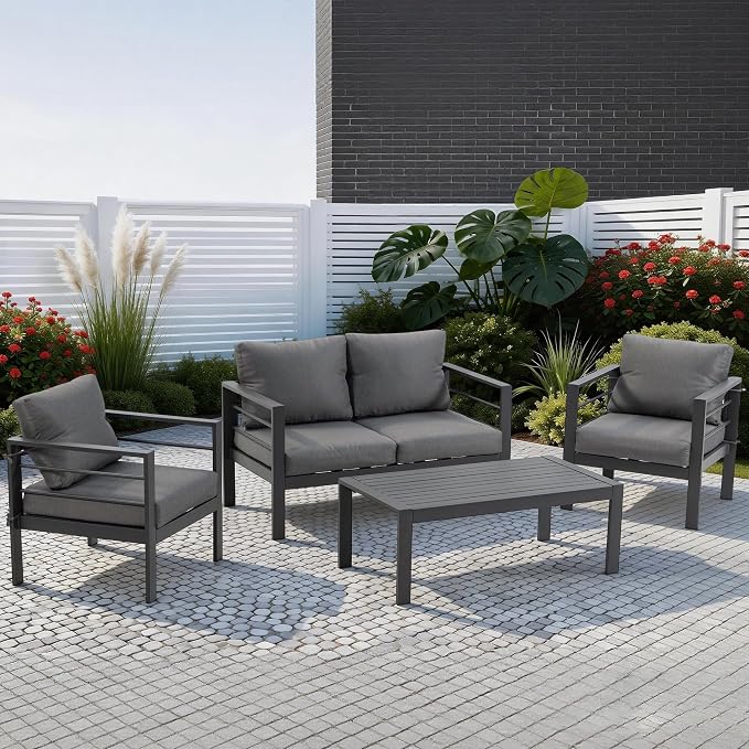 4-Piece All-Weather Metal Patio Furniture Set, Sectional Conversation Sofa w/Coffee Table, Heavy Duty Steel Frame & Washable Cushions for Backyard Garden (Grey, Furniture Set（Straight）)