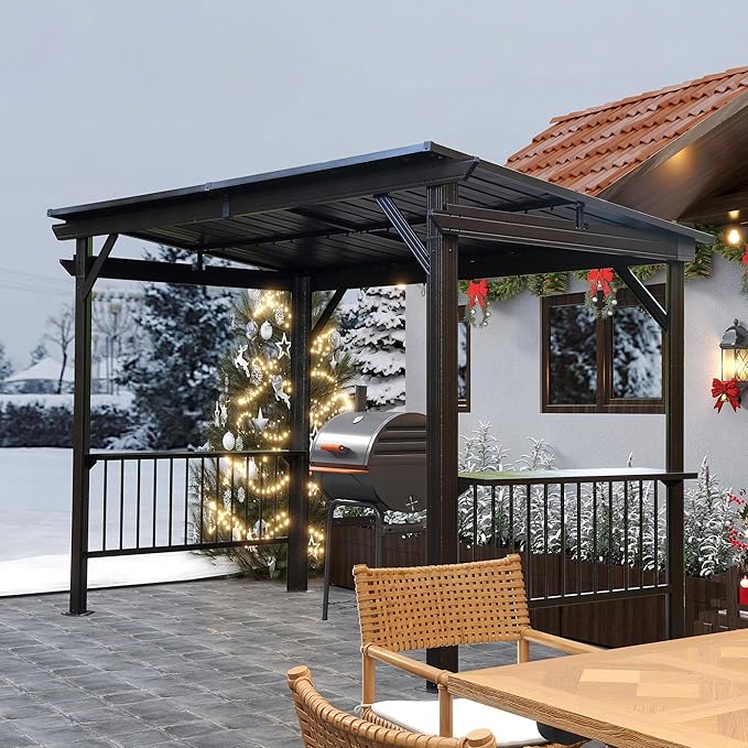 Domi 6.5x12FT Hardtop Grill Gazebo, Outdoor BBQ Gazebo with 2 Side Shelves and Sloping Galvanized Steel Roof, Metal Permanent Grill Canopy with Ceiling Hooks for Patio, Lawn, Backyard, Deck, Brown
