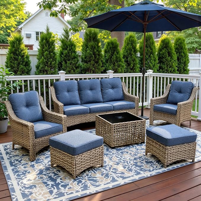 6 Piece Patio Furniture Set with Solar Lights Coffee Table, Outdoor Wicker High Back Sofa Chairs Ottomans with Cushions, All Weather Conversation Set for Backyard Porch Deck, Denim Blue